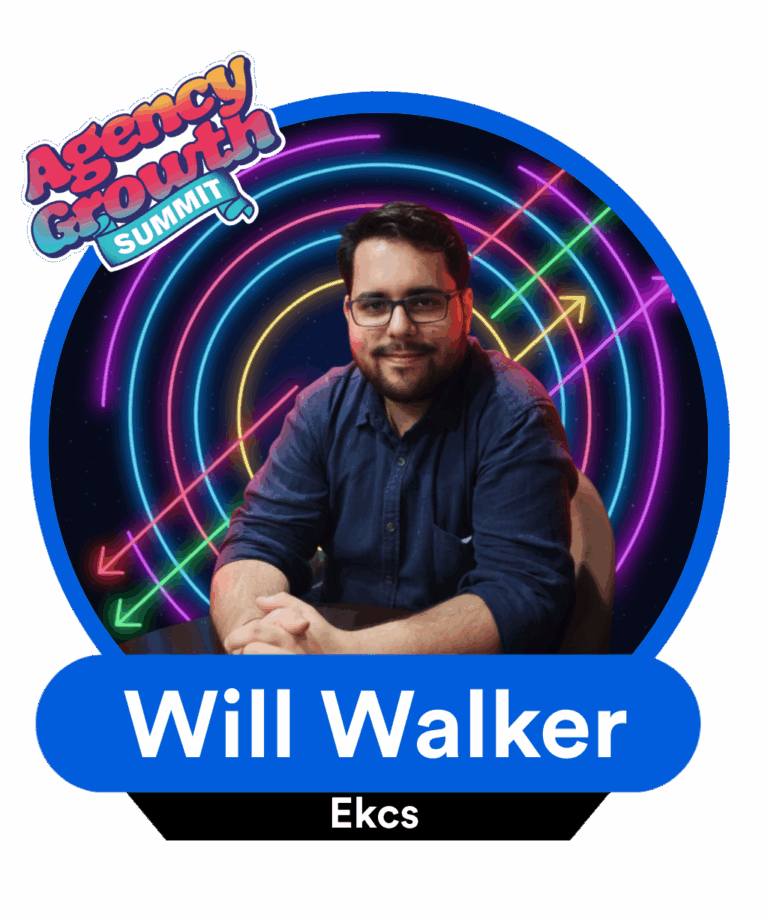 A person seated with folded hands in front of a vibrant, neon spiral background with the words "Agency Growth Summit" above.