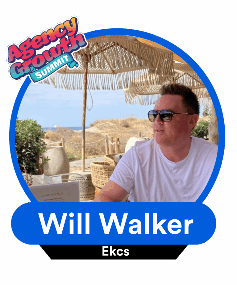 Man in sunglasses sitting outdoors at a beachside café, with a straw umbrella overhead. The image features the text "Agency Growth Summit" and the name "Will Walker Ekcs."