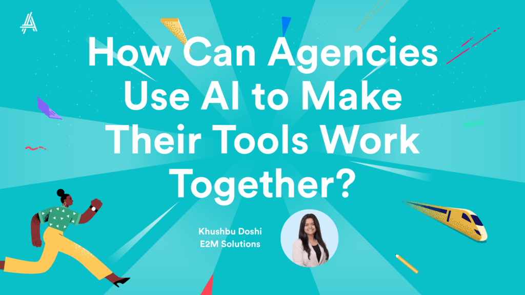 Colorful conference slide with the title "How Can Agencies Use AI to Make Their Tools Work Together?" featuring an illustration of a person and a train. Includes a speaker photo and name.