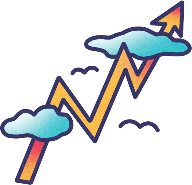 An upward-trending zigzag arrow piercing through two clouds, symbolizing growth and progress against a deep blue background.