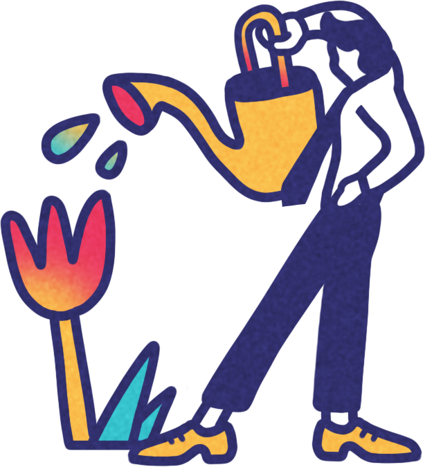A stylized illustration of a person watering a brightly colored tulip with an orange watering can, set against a dark background.