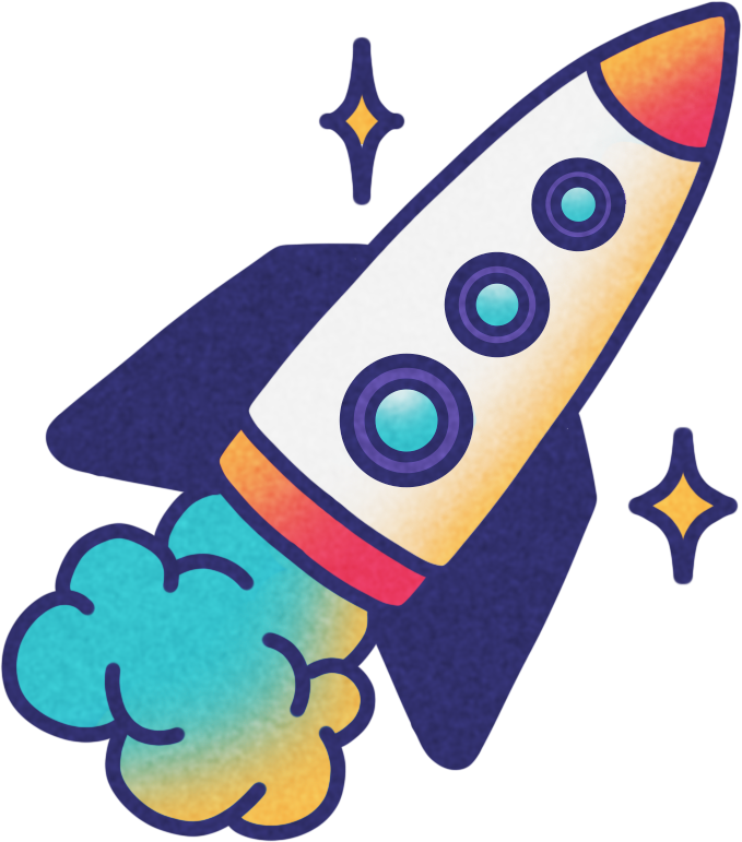 Illustration of a white rocket with blue circular windows, launching diagonally against a dark blue background, with yellow stars and colorful exhaust smoke.