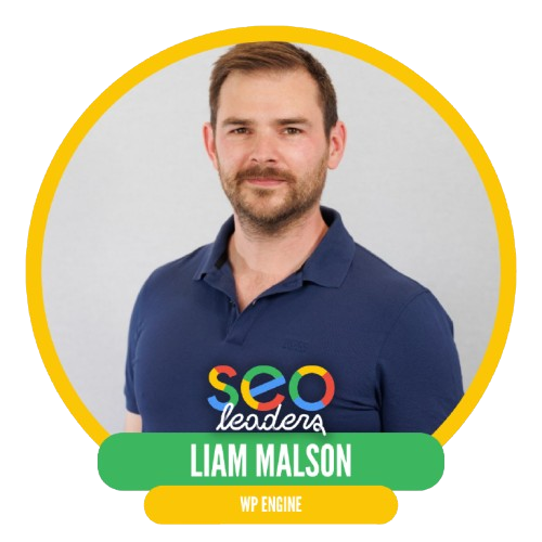A man in a blue polo shirt with colorful "SEO leaders" text stands against a gray background. The image includes the text "Liam Malson, WP Engine" in green and yellow.