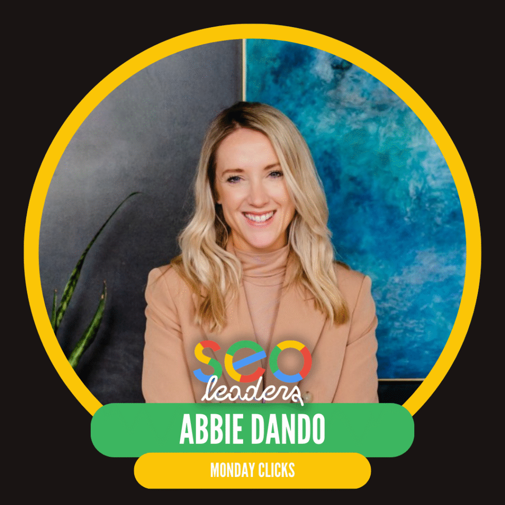 A woman with blonde hair smiles in front of a colorful abstract background. The image is framed with a yellow circle and green text panel.