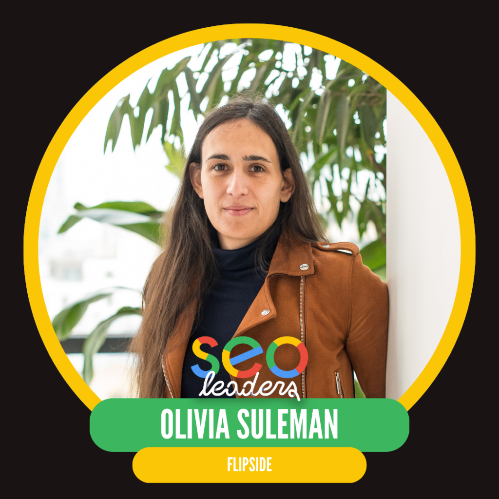 A woman with long hair wearing a brown jacket and a black shirt with the text "SEO Leaders" stands in front of greenery, framed in a circular border with her name, Olivia Suleman, displayed below.