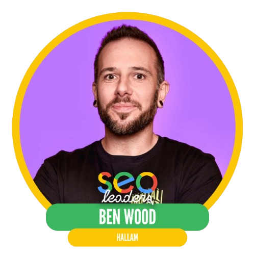 A person with short hair and a beard, wearing a black "SEO leaders" t-shirt, is featured on a purple background within a yellow circular frame. Below is the name "Ben Wood" with the text "Hallam."