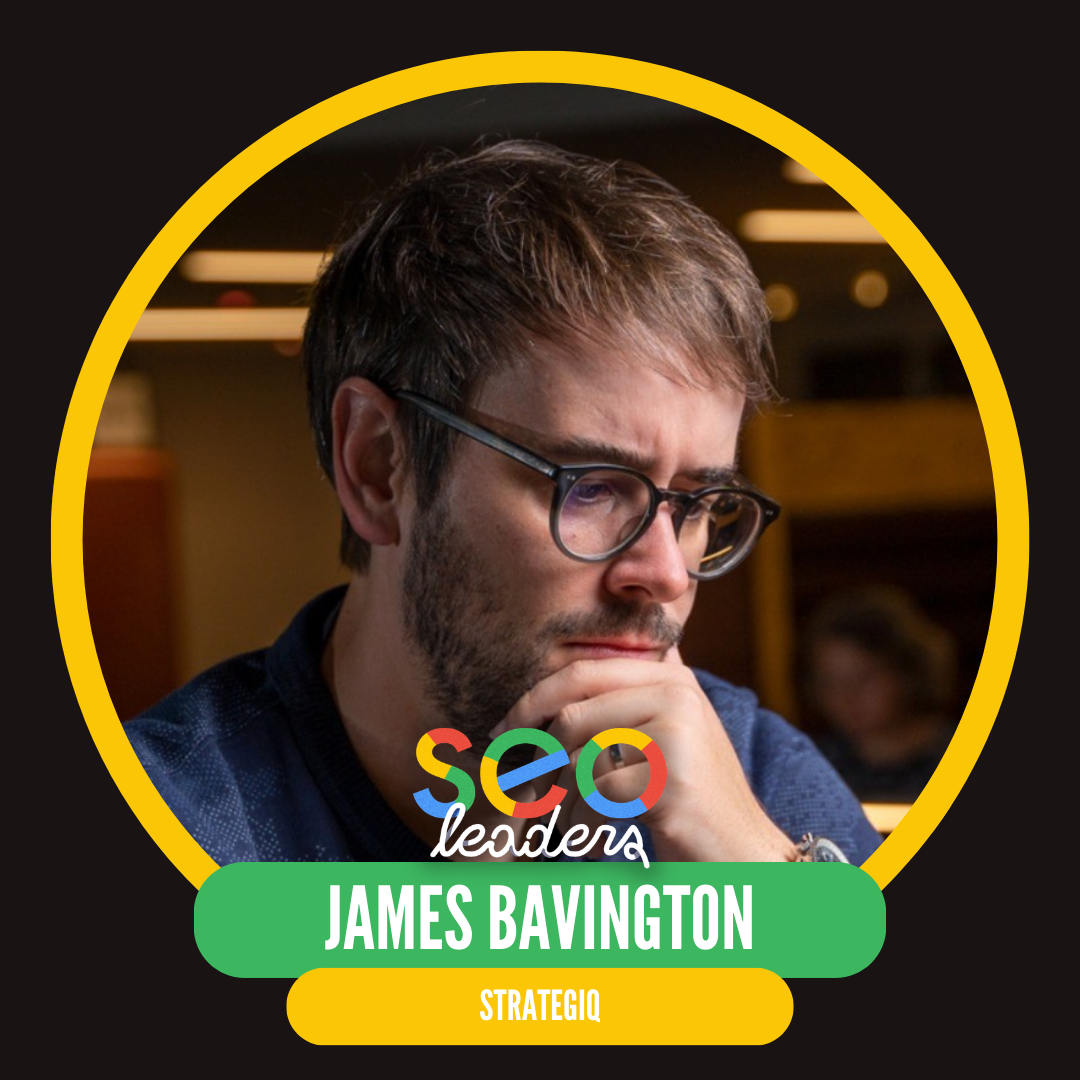 A person with glasses and a thoughtful expression is pictured inside a yellow-bordered circle. The text reads "SEO Leaders" above their name, followed by "StrategiQ."