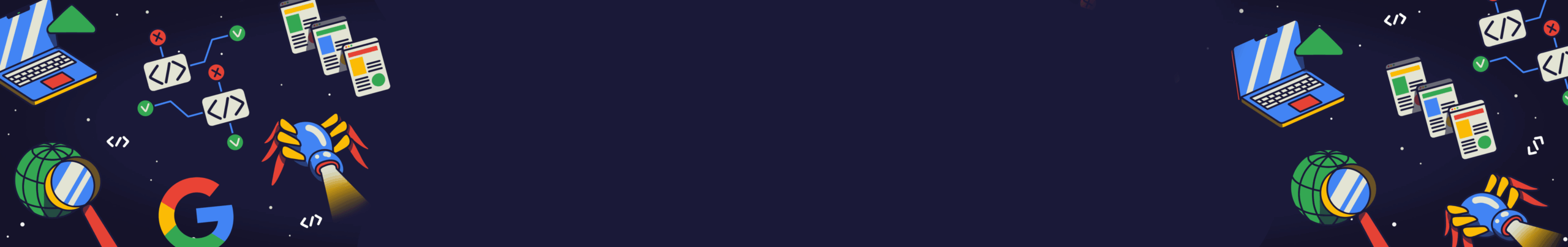 Colorful digital icons including a laptop, magnifying glass, globe, cloud, and rocket surround a dark blue, empty central space.