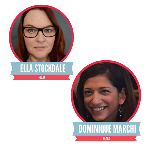 Two portraits on a pink background feature a woman with glasses and another smiling woman. Each portrait has a name label beneath: Ella Stockdale and Dominique Marchi.