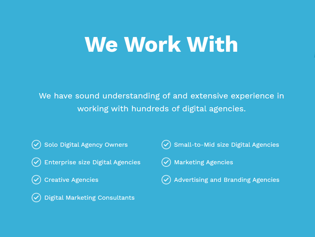 "We Work With" section highlights experience with various digital agencies, including solo owners, enterprise and small-to-mid-sized agencies, marketing, creative, and advertising agencies, as well as consultants, on a light blue background.