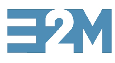 Blue geometric logo featuring the stylized letters E, 2, and M.
