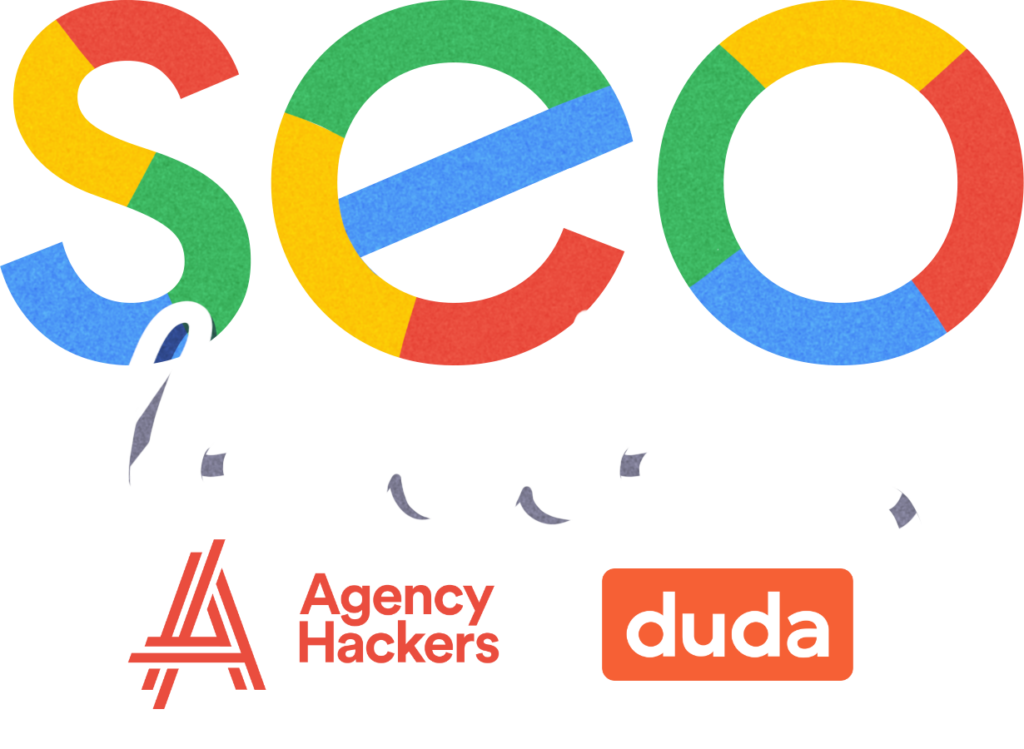 Colorful "SEO leaders" logo with Agency Hackers and Duda logos beneath it.