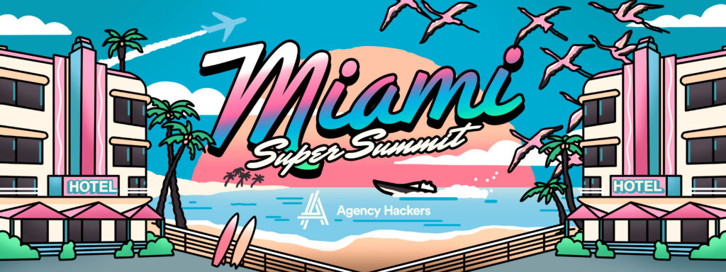 Colorful illustration of Miami beach scene with art deco hotels, palm trees, and flying birds. Text reads "Miami Super Summit."