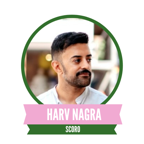 Man with short dark hair and beard in a profile pose inside a circular frame. A pink banner with the name "Harv Nagra" is below, with "Scoro" written on a green banner.