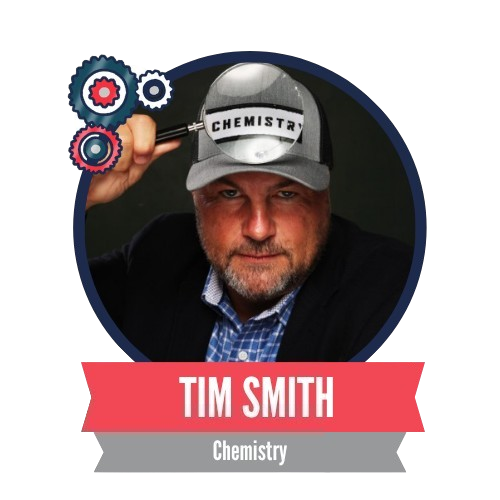 A man wearing a cap with the word "Chemistry," holding a pen. The image is framed in a circular design with gear icons and a red banner displaying the text "Tim Smith, Chemistry."
