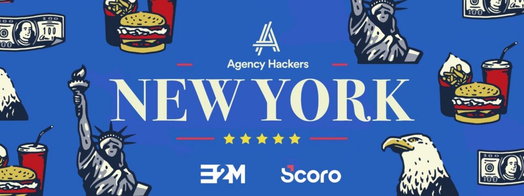 Graphic featuring the words "Agency Hackers New York" with illustrations of the Statue of Liberty, a burger, an eagle, and dollar bills on a blue background.