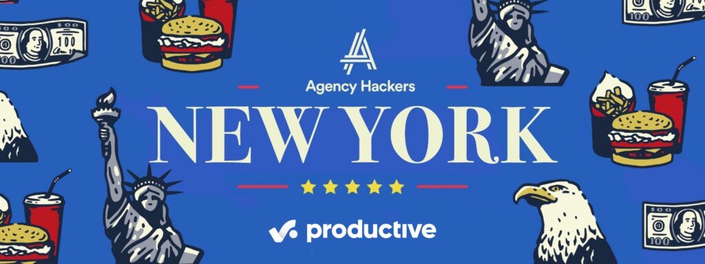 Blue banner with "Agency Hackers" and "New York" text, featuring icons of the Statue of Liberty, American eagle, burgers, fries, and drinks.