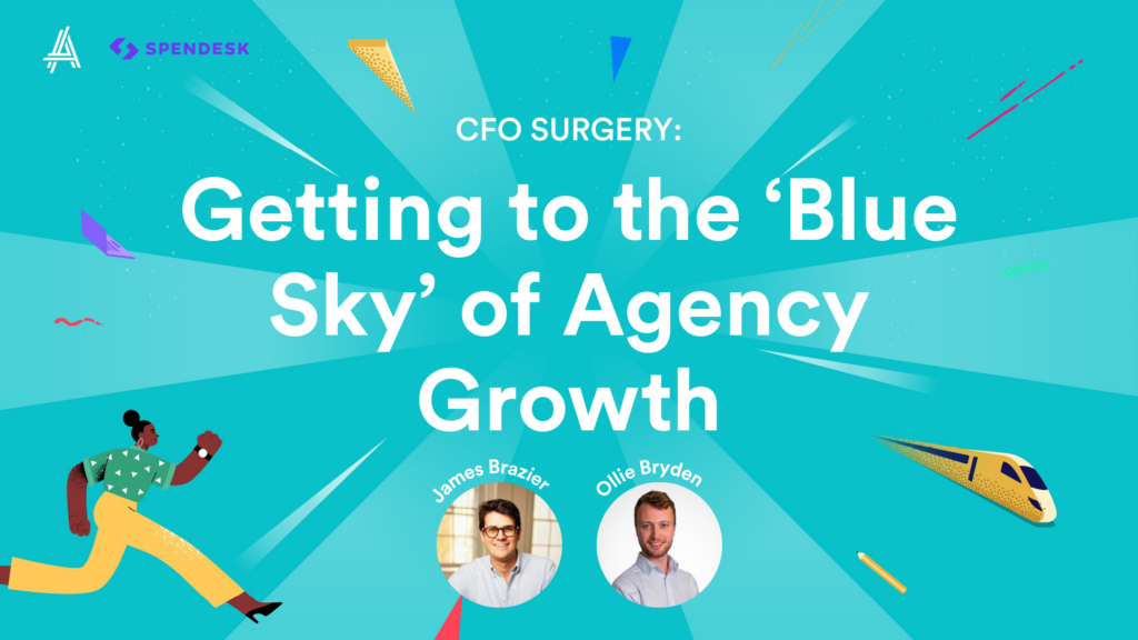 Illustrated promotional graphic for a CFO event, "Getting to the ‘Blue Sky’ of Agency Growth," featuring dynamic elements like a running figure and a plane, with speakers' names and photos.