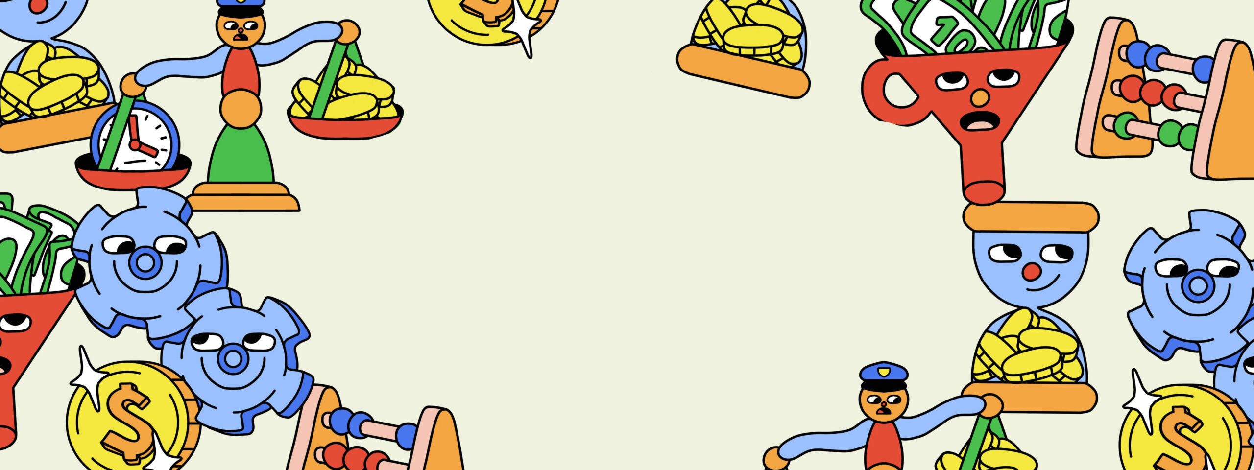 Colorful abstract drawing featuring playful characters, mechanical gears, scales with bananas, and whimsical faces, arranged around the border of the image, leaving the center empty.