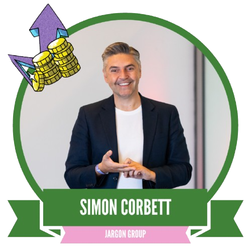 A man smiling, wearing a dark jacket and white shirt, stands in front of a neutral background. Above him, an illustration of increasing coins signifies financial growth. The name "Simon Corbett" and "Jargon Group" appear on a decorative green and pink banner.