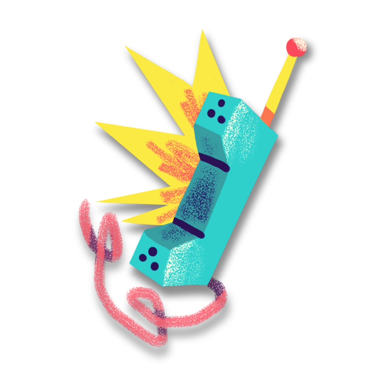 A colorful abstract illustration featuring a tilted blue rectangular object with a red antenna and cord, set against a backdrop of yellow starburst shapes.