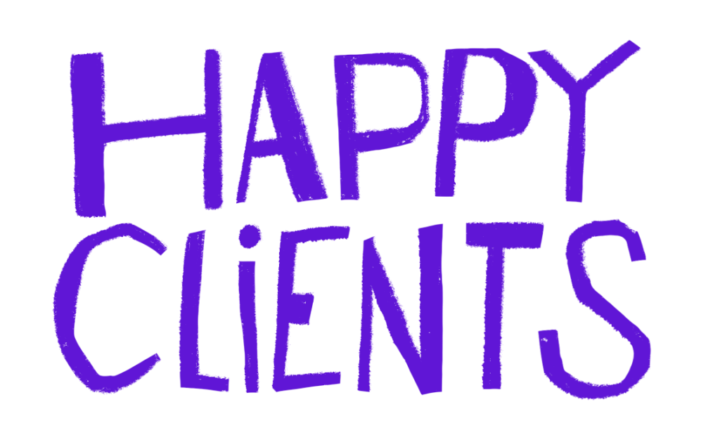 The image features the phrase "HAPPY CLIENTS" in bold, purple text.