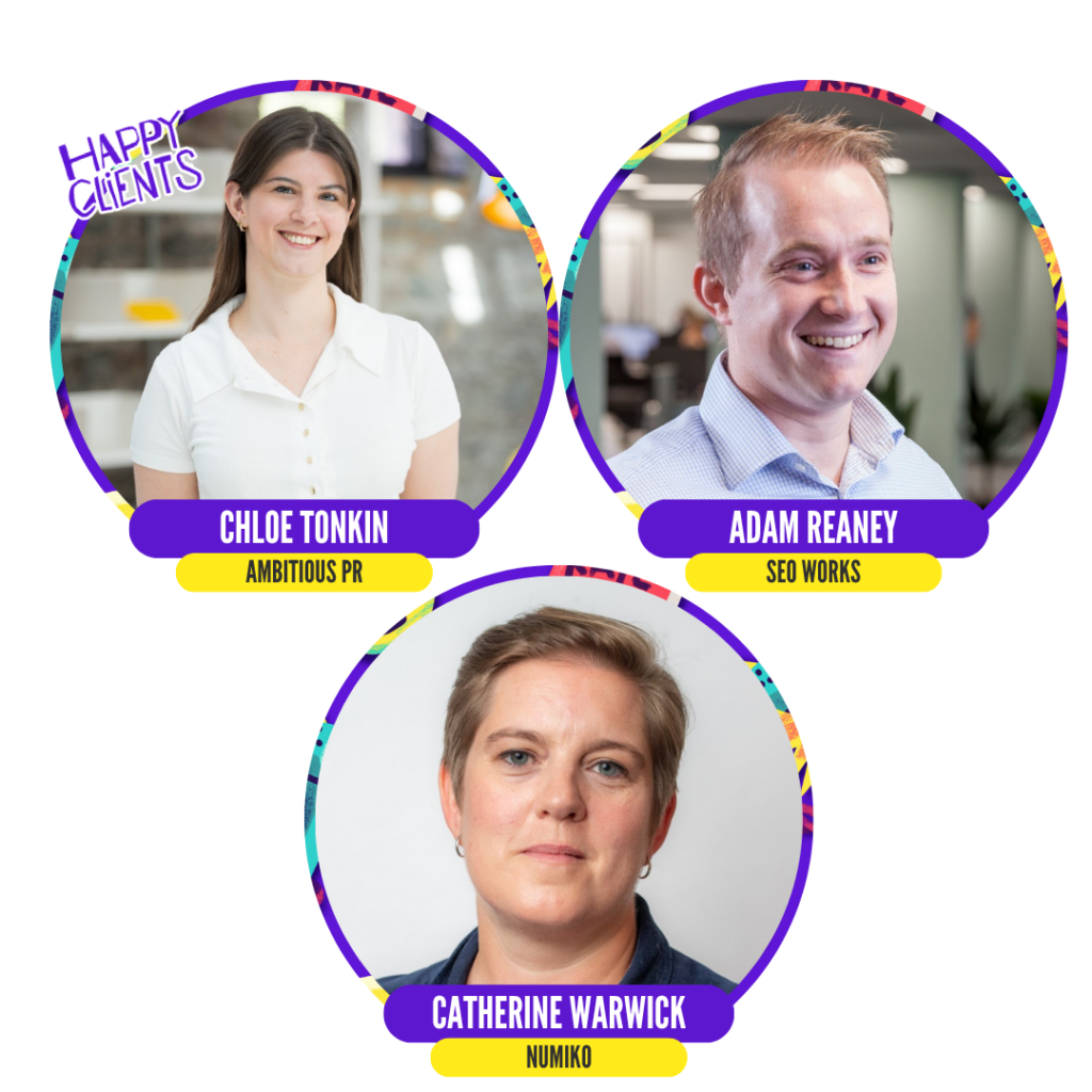 Three people are shown in a collage with colorful borders, labeled as happy clients from different companies: Ambitious PR, SEO Works, and Numid.