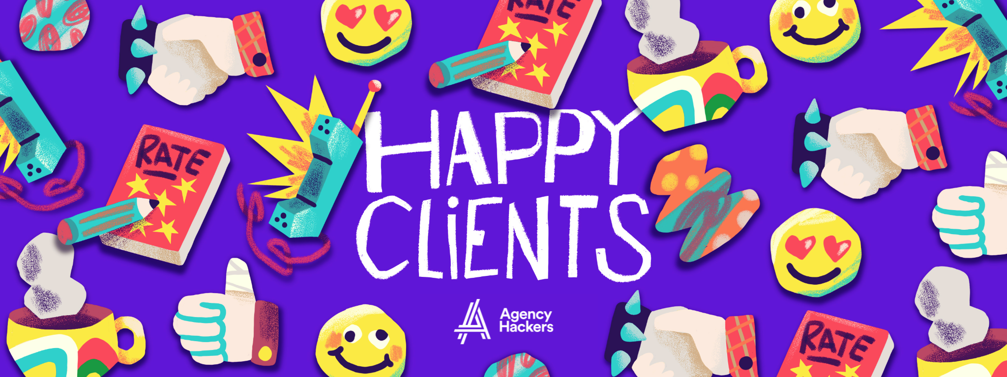 Colorful illustration with smiling emojis, thumbs-up, coffee cups, and comic-style elements surrounding the text "Happy Clients" on a purple background.