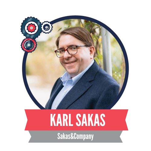 Man in glasses and a blue blazer is smiling, set within a circular frame with gear designs, labeled "Karl Sakas, Sakas & Company."