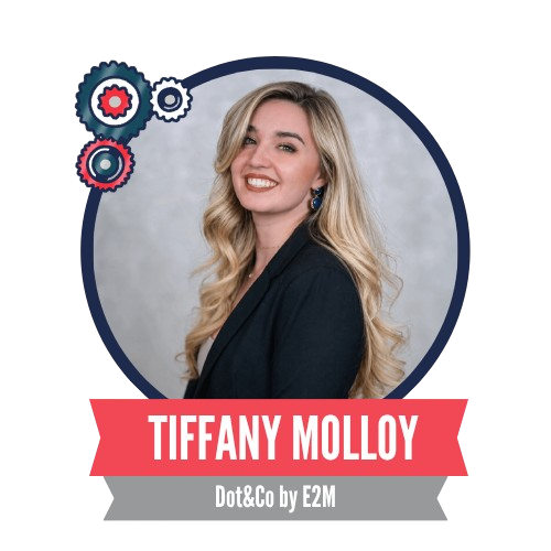 Smiling woman with long blonde hair in a dark blazer, set against a gray background. Text below reads, "Tiffany Molloy, Dot&Co by E2M." Colorful gear graphics adorn the top left corner.