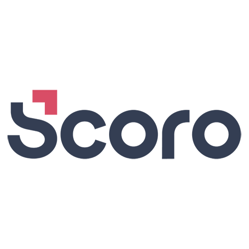 Logo of Scoro with dark blue text and a red square accent above the letter 'S'.