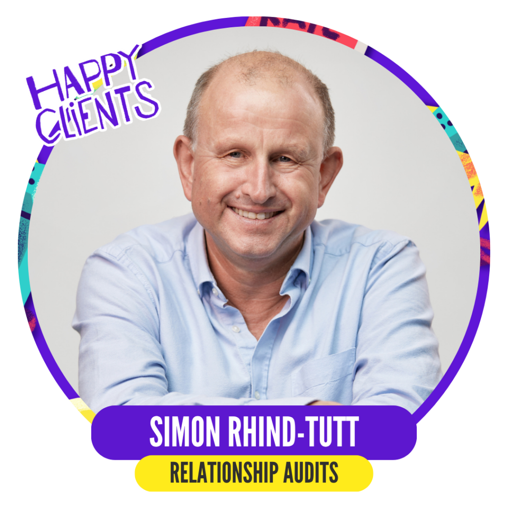 A smiling man in a light blue shirt is framed by vibrant graphics with the text "Happy Clients." His name and "Relationship Audits" are displayed below.