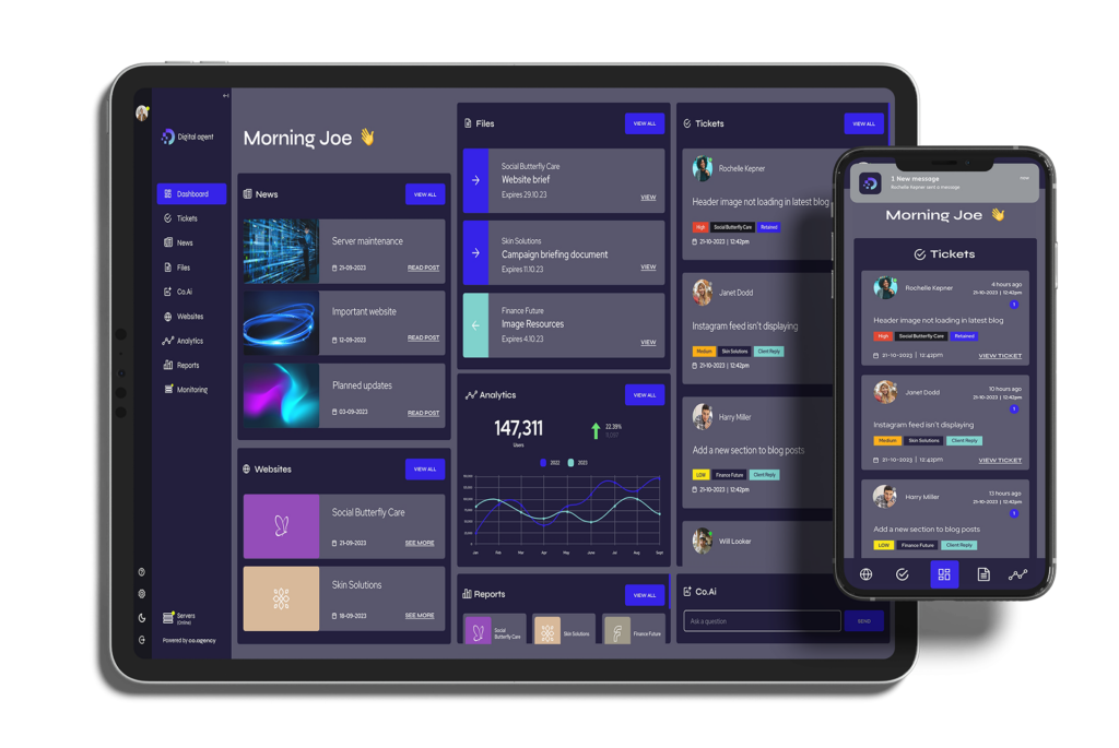 A tablet and smartphone display a dark-themed dashboard interface with various widgets, including charts, notifications, and task lists, labeled "Morning Joe."
