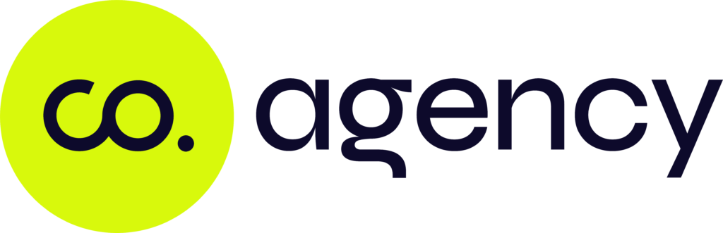 Logo featuring the text "co. agency" with "co." in a bold, dark font on a bright yellow circle and "agency" in dark blue beside it.