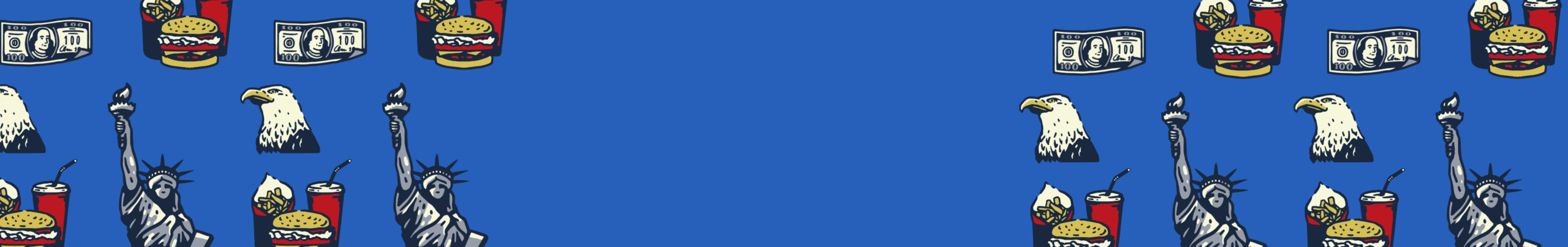 Cartoon pattern featuring the Statue of Liberty, a bald eagle, and symbols like a burger and soda on a blue background.