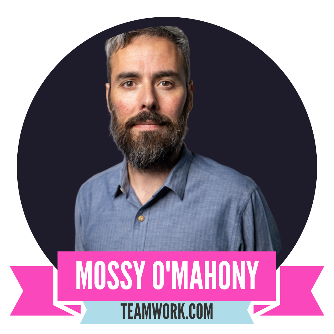 Man with a beard and short hair wearing a button-up shirt, set against a dark background. There is a banner below with the name "Mossy O'Mahony" and "Teamwork.com."