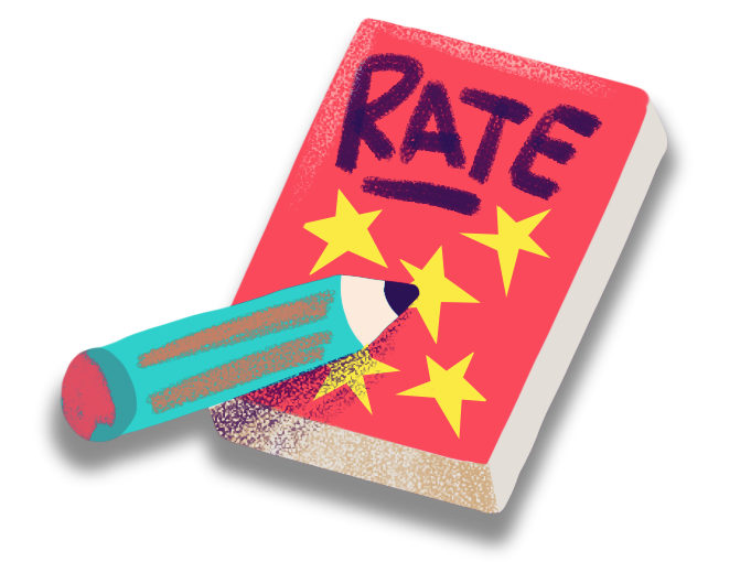 Red book with 'RATE' written on the cover, adorned with yellow stars, and a teal pencil erasing one star.