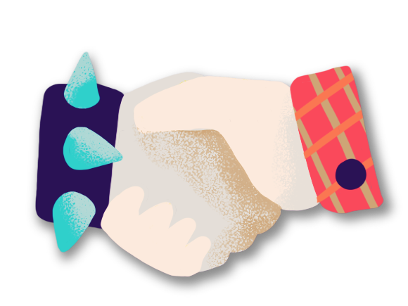 Two hands shaking, one wearing a spiky bracelet and the other in a red plaid sleeve, symbolizing agreement or cooperation between contrasting styles.