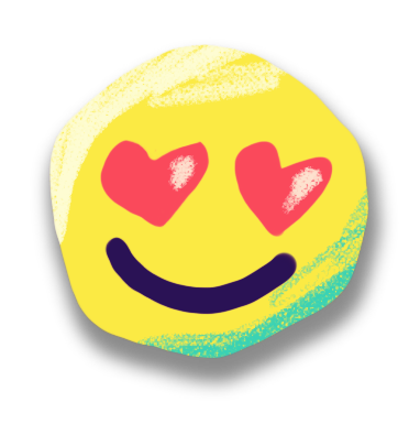 Yellow smiley face emoji with heart-shaped eyes and a wide, curved smile, set against a black background.
