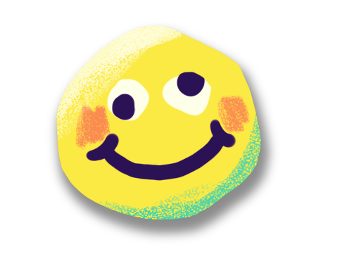 A hand-drawn, yellow smiley face with rosy cheeks, a wide smile, and large black eyes on a black background.