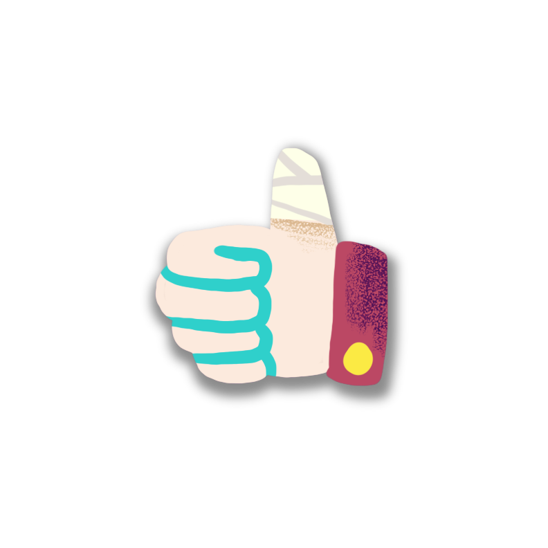 A cartoon hand giving a thumbs-up with a bandage on the thumb, wearing a red and yellow sleeve against a black background.