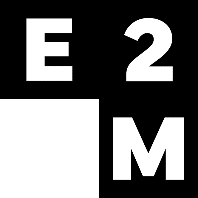 White letters "E," "2," and "M" on a black background, each occupying separate squares.