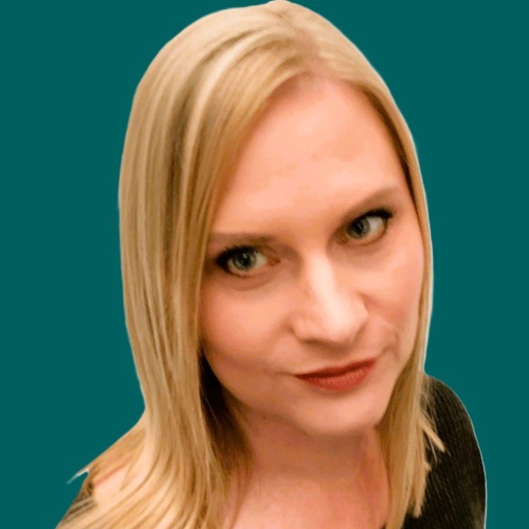 A person with straight, shoulder-length blonde hair and a neutral expression against a teal background.