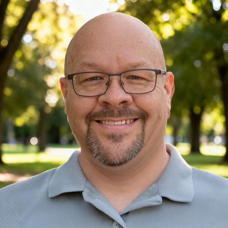 A smiling man with glasses and a goatee stands outdoors in a park, wearing a light gray polo shirt. Trees and sunlight are in the blurred background.