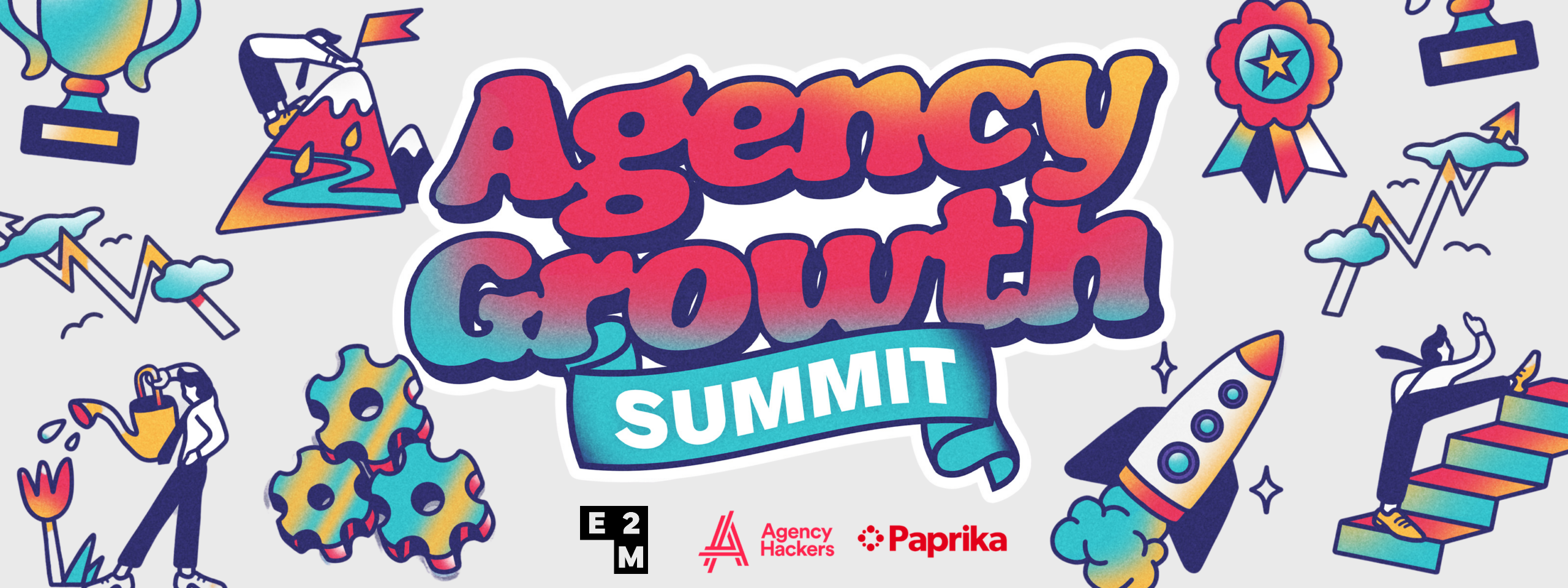 Colorful "Agency Growth Summit" banner with illustrations of charts, a rocket, and trophies, conveying success and energy.
