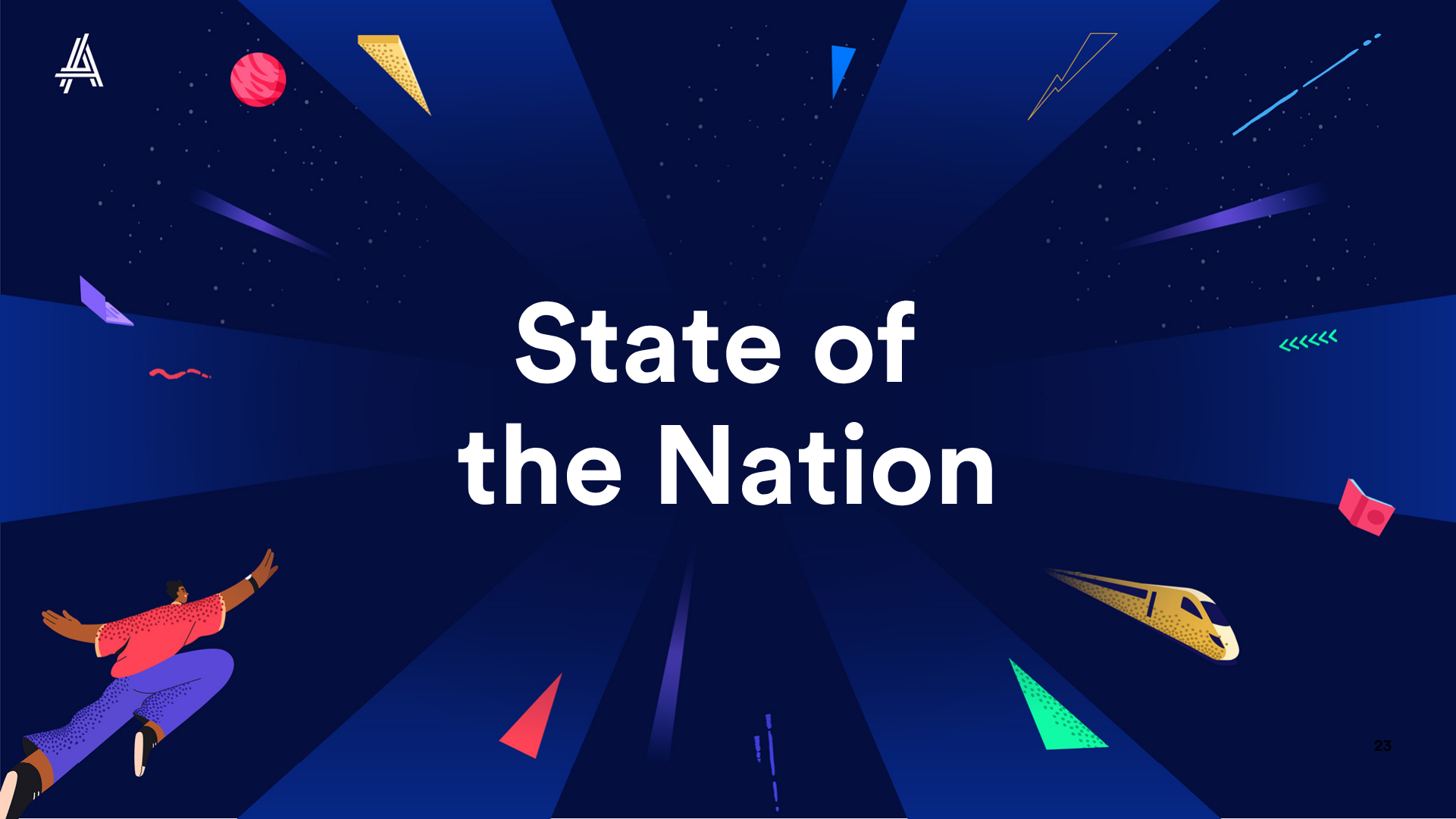 Text "State of the Nation" centered on a dynamic, dark blue background with colorful geometric shapes and abstract designs.