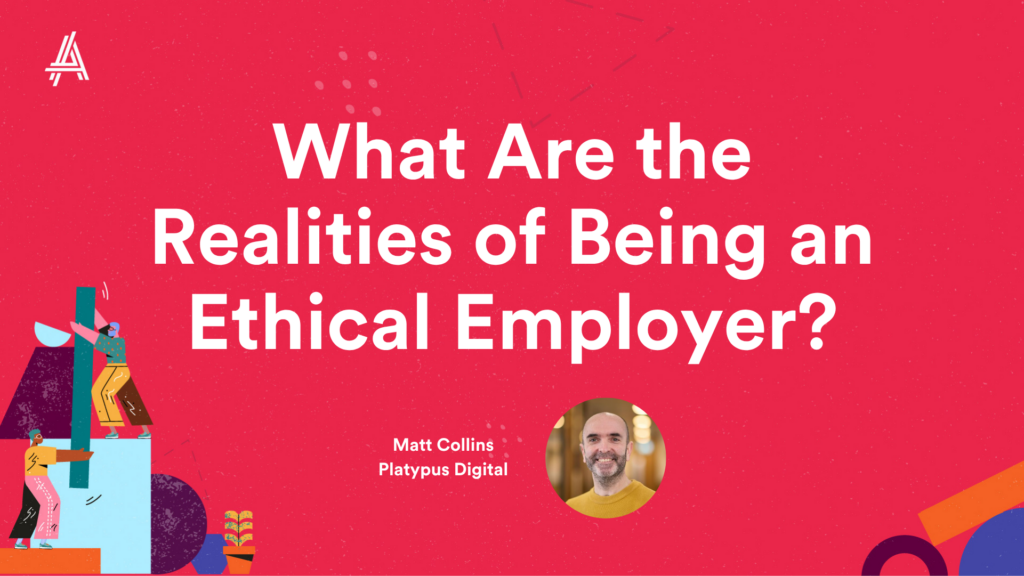 Red background with white text: "What Are the Realities of Being an Ethical Employer?" Features small illustrations and a photo of a smiling person.