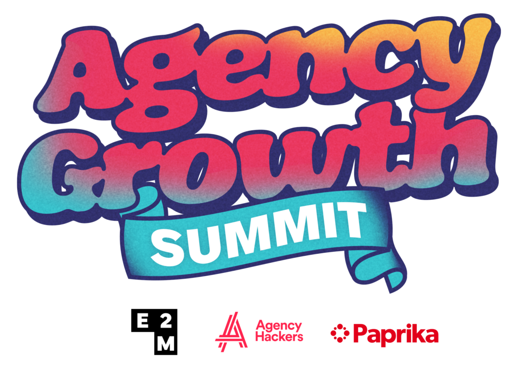 "Agency Growth Summit" text in colorful gradient with a ribbon banner and logos below for Aizz and Paprika.
