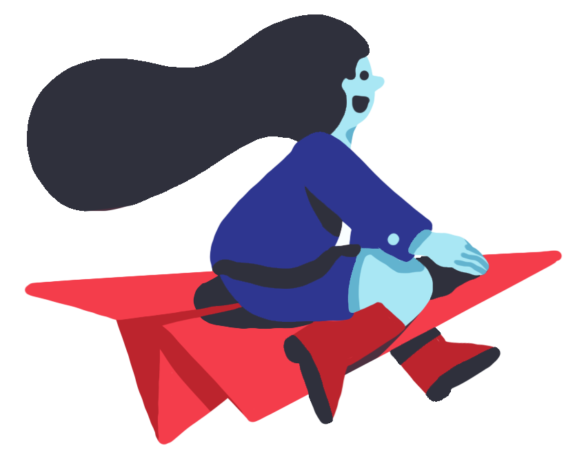 A cartoon figure with long hair and blue skin joyfully rides a red paper airplane, wearing a blue outfit and red boots.