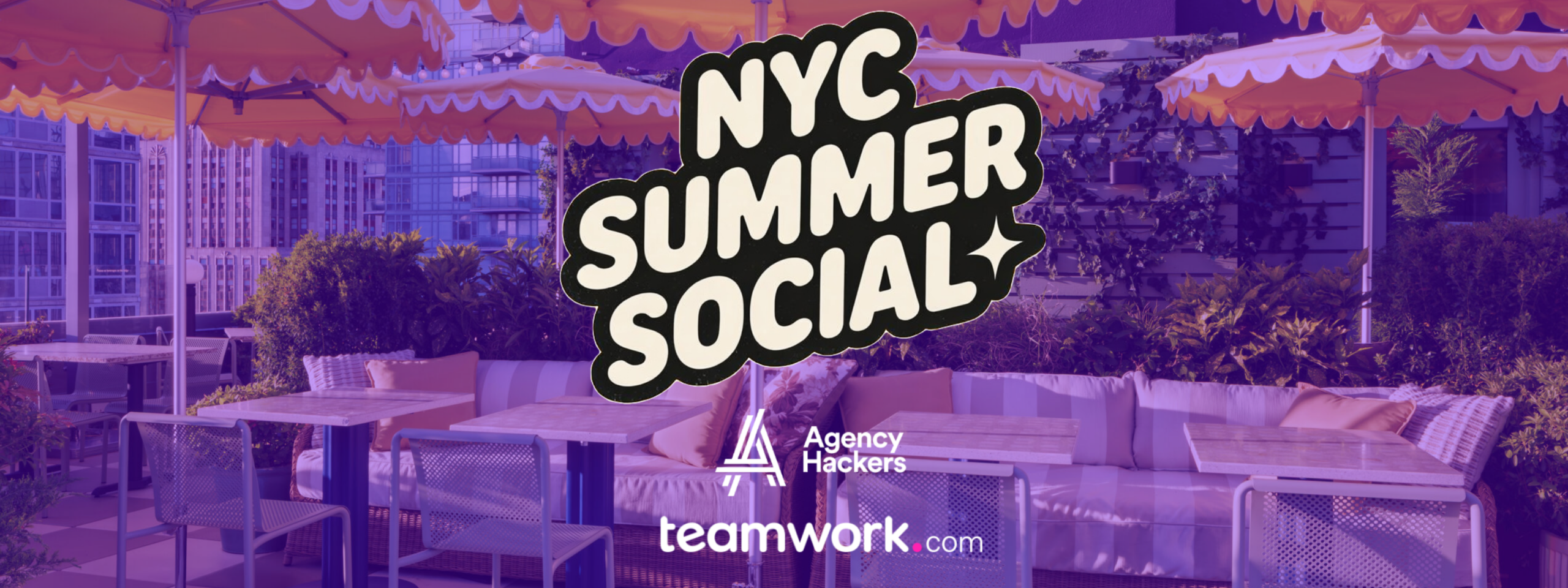 Outdoor seating setup with colorful umbrellas for the NYC Summer Social event, hosted by Agency Hackers and Teamwork, amid a vibrant city backdrop.